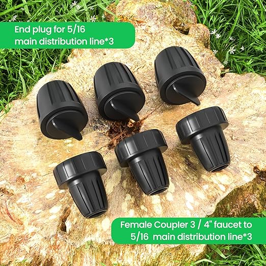 Bonviee 6-Pack 5/16 Inch Drip Irrigation Fittings, Adapters and End Plugs | Includes 3 PVC Female Hose Thread Non-Swivel Adapters and 3 Barbed End Plugs for 5/16-Inch Mainline Tubing.