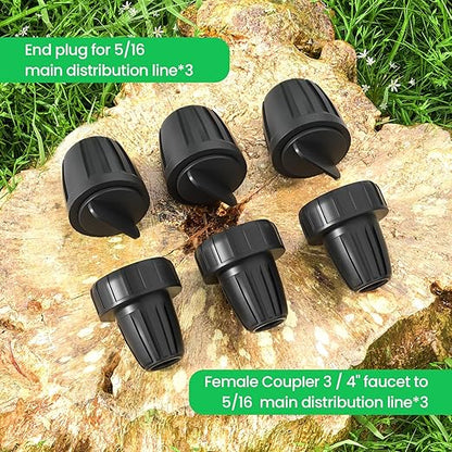Bonviee 6-Pack 5/16 Inch Drip Irrigation Fittings, Adapters and End Plugs | Includes 3 PVC Female Hose Thread Non-Swivel Adapters and 3 Barbed End Plugs for 5/16-Inch Mainline Tubing.