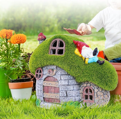 House Garden Statues with Solar Lights, LED Cute Flocked Fairy House with Gnomes Garden Figurine, Outdoor Patio Yard Lawn Decorations Gift