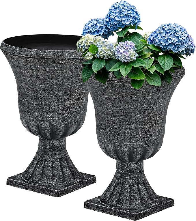 2-Pack 22" Washed Black Plastic Urn Planters with Drainage Holes | Set of 2 PP urn planters with antique washed finish, 3D texture, drainage plugs, and UV-treated surface for porch or patio