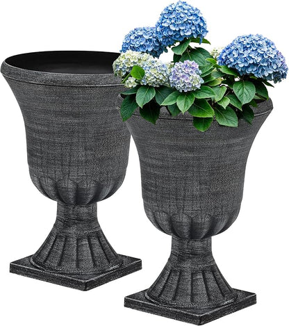 2-Pack 22" Washed Black Plastic Urn Planters with Drainage Holes | Set of 2 PP urn planters with antique washed finish, 3D texture, drainage plugs, and UV-treated surface for porch or patio