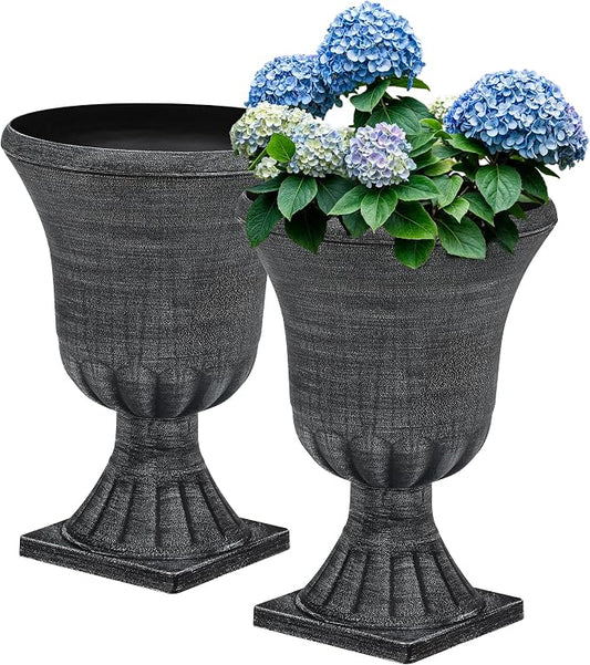 2-Pack 22" Washed Black Plastic Urn Planters with Drainage Holes | Set of 2 PP urn planters with antique washed finish, 3D texture, drainage plugs, and UV-treated surface for porch or patio