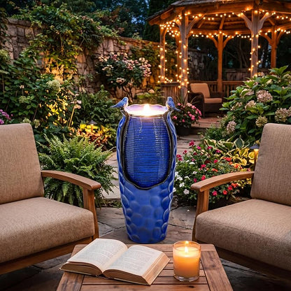 Autodaya 33" Vase Ceramic Outdoor Water Fountain with Lights and Birds | cobalt blue glazed water feature with textured design, ambient soothing cascading water flow for garden patio yard sanctuary