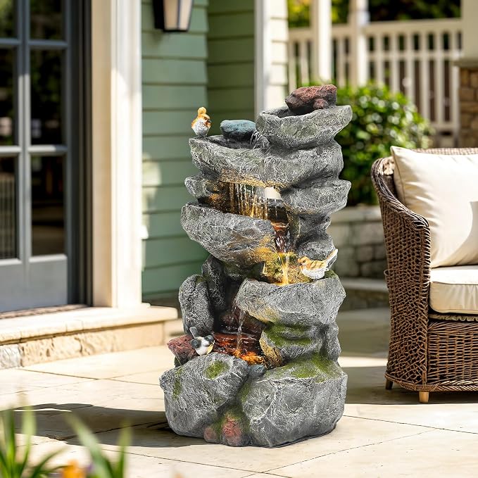 31.5" Multi-Tier Rock Outdoor Water Fountain with LED Lights, Cascading Waterfall with Birds for Garden Patio Porch, Weather-Resistant Resin Water Feature for Tranquil Oasis