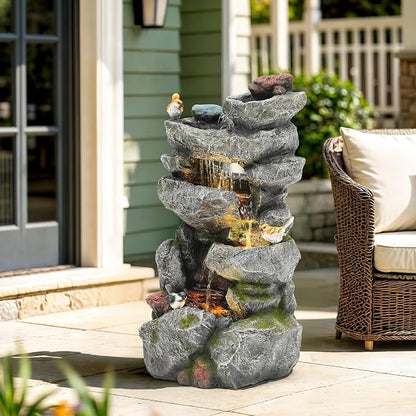 31.5" Multi-Tier Rock Outdoor Water Fountain with LED Lights, Cascading Waterfall with Birds for Garden Patio Porch, Weather-Resistant Resin Water Feature for Tranquil Oasis