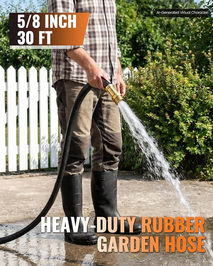 Heavy Duty Rubber Garden Hose 30FT x 5/8", Flexible Water Hose with 360° Swivel Brass Fittings, 300 PSI Working, 1000 PSI Burst, All Weather Outdoor Hose for Irrigation, Black B30GH06