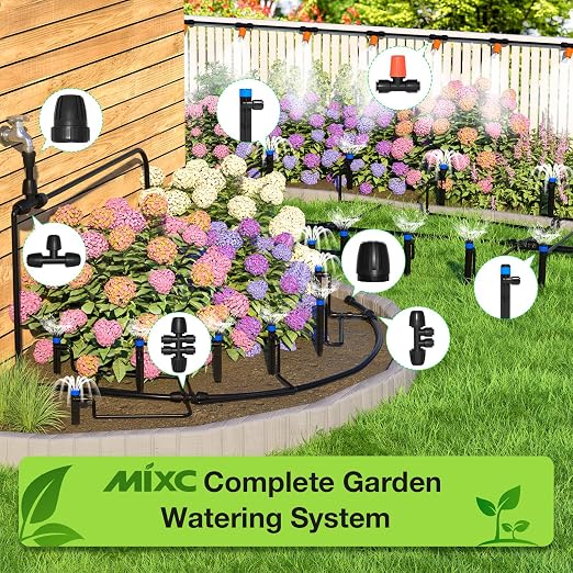 MIXC 300FT Drip Irrigation System Kit, Automatic Garden Misting Watering System with 100FT 1/2" & 200FT 1/4" Irrigation Tubing, Fitting, Adjustable Emitter for Greenhouse Lawn Raised Bed Potted Plant