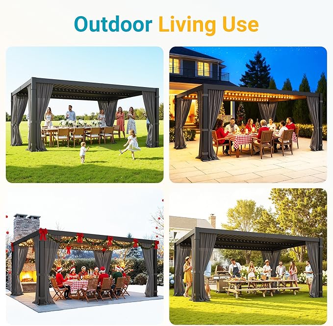 12' x 16' Louvered Pergola, Outdoor Pergola with Curtains & Netting, Aluminum Frame Patio Pergola with Adjustable Louvers Roof & Gutter System, Hardtop Gazebo for Patio, Deck, Garden, Yard, Dark Gray