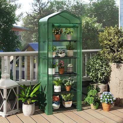 Giantex Mini Greenhouse Indoor Outdoor, 27" x 19" x 75" Portable Plant Grow House with 5 Tier Shelves, PE Cover, Roll-Up Zipper Door, Rustproof Elector-Coating Metal Frame for Patio Balcony Garden