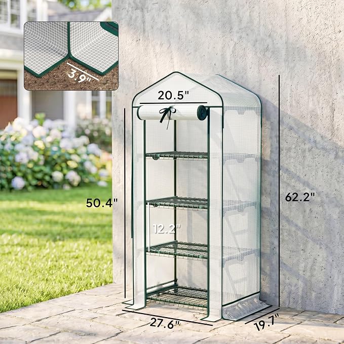 Outsunny 4 Tier Mini Greenhouse with Screen Roof, 27.6" x 19.7" x 62.2", Portable Small Greenhouse with High Strength PE Cover, Roll-Up Zipper Door for Garden Yard Backyard, White