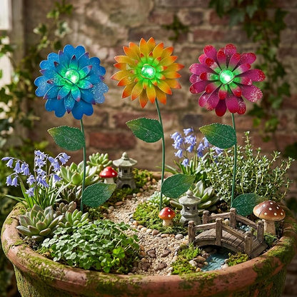 Garden Decor for Outside, 3 Pack Metal Flower Garden Stakes with Glow Beads, Swaying Yard Art for Lawn, Patio, Flower Beds & Outdoor Garden Decorations