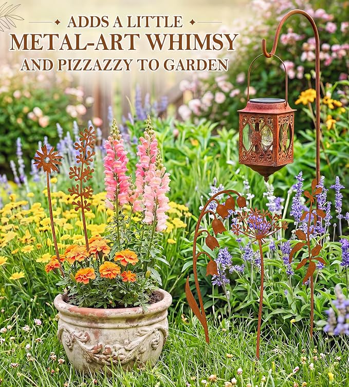 VIS'V Decorative Garden Stakes, Metal Flower Plant Yard Art Stakes, 5 Pcs | 15.7 In Length, Pre-rusted Finish, Rusty Art Decor for Outdoor Indoor