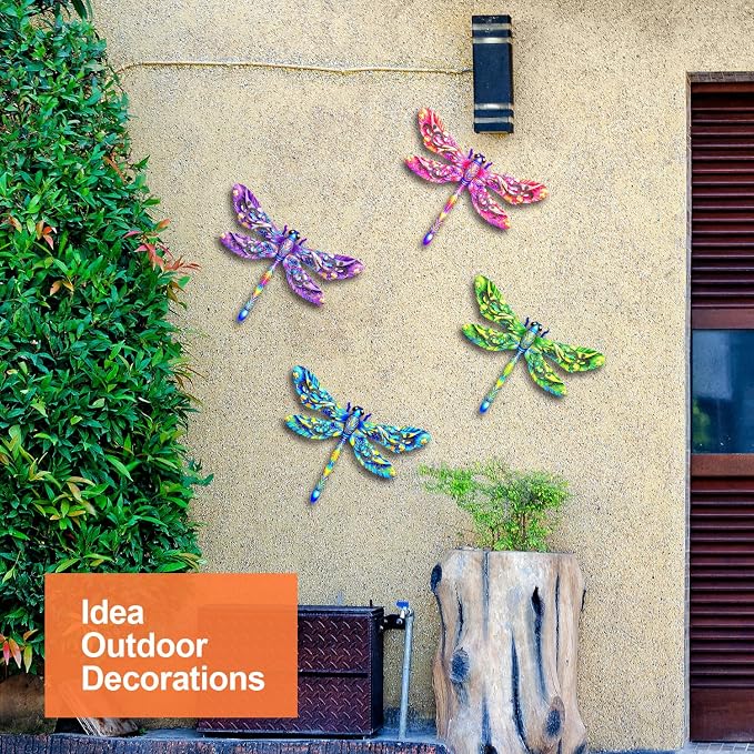 Metal Dragonfly Wall Decor, 4 Pcs Metal Dragonflies Wall Art Hanging Sculptures Decorations for Outdoor Decor, Fence Garden Yard Patio Exterior Decor Rust-Proof Weatherproof