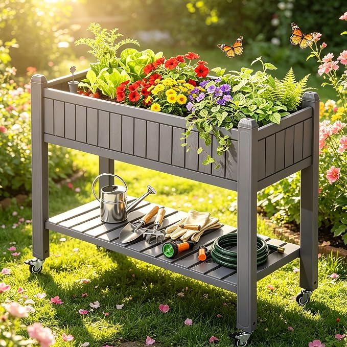 YITAHOME 43.3x17.7x34 in Elevated Garden Bed, Outdoor Plastic Planter Box with Wheels, Legs, Drain Plug, and Storage Shelf for Plants, Vegetables, Flowers, Herbs, Light Brown