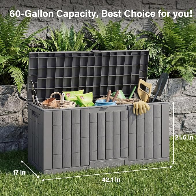 EAST OAK Outdoor Storage Box, 60 Gallon Deck Box Indoor and Outdoor Use, Waterproof Resin Storage Bin for Patio Cushions, Gardening Tools, Lockable, UV Resistant, Grey