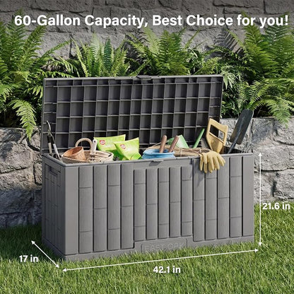 EAST OAK Outdoor Storage Box, 60 Gallon Deck Box Indoor and Outdoor Use, Waterproof Resin Storage Bin for Patio Cushions, Gardening Tools, Lockable, UV Resistant, Grey
