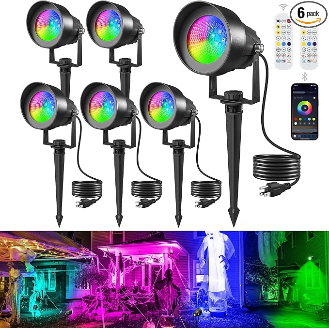 T-SUN Smart Color Changing Landscape Lights, RGBW Spotlights Outdoor with App & Remote, Music Sync, DIY Scenes, Timing, Dimmable Waterproof Spot Light for Yard Garden Tree Decoration, 6 Pack