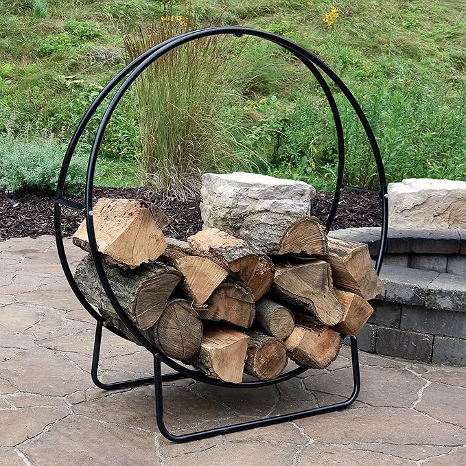 Sunnydaze 40-Inch Outdoor Firewood Rack Hoop - Indoor Round Tubular Steel Fireplace Wood Holder - 500-lb Capacity