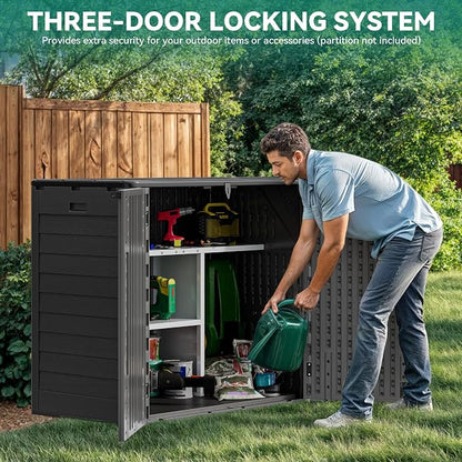 YITAHOME 30 Cu Ft Outdoor Storage Shed with Shelf, Waterproof Storage Cabinet for Bike & Garden Shed, Horizontal Outdoor Storage Shed for Garage, Pool Storage, Dark Gray & Black