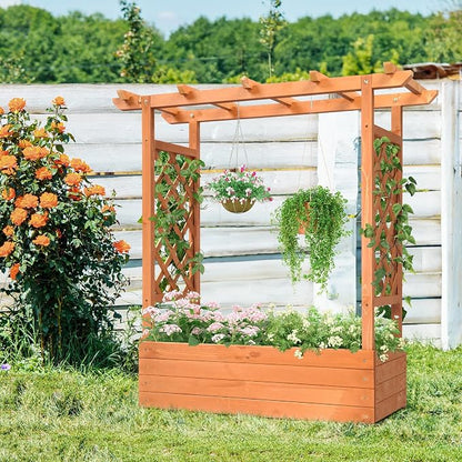 Vasitelan Raised Garden Bed with Trellis, Wooden Elevated Planter Box w/Drainage Holes & Removable Bottom Panels for Climbing Vine Flower, Indoor Outdoor Wood Planter for Yard Patio (Wood Color)