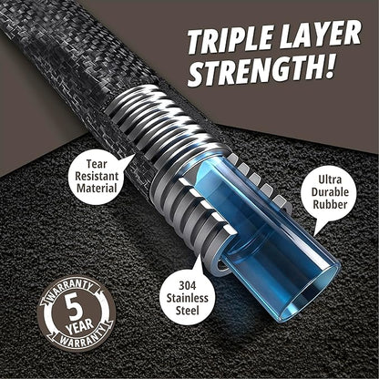 Hydrosteel PRO 50 Ft Heavy Duty Metal Garden Hose with Brass Nozzle | Made from 304 Stainless Steel, Flexible, Lightweight, Crush Resistant Fittings, Kink Free, 5/8” Diameter, 600 PSI Water Flow