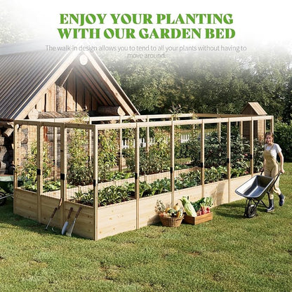 PaPaJet Wooden Raised Garden Bed for Outdoor, Deep Large Planter Box with Netting for Gardening, Vegetables, Flowers, Herbs（7.5× 17.7× 5.9FT）