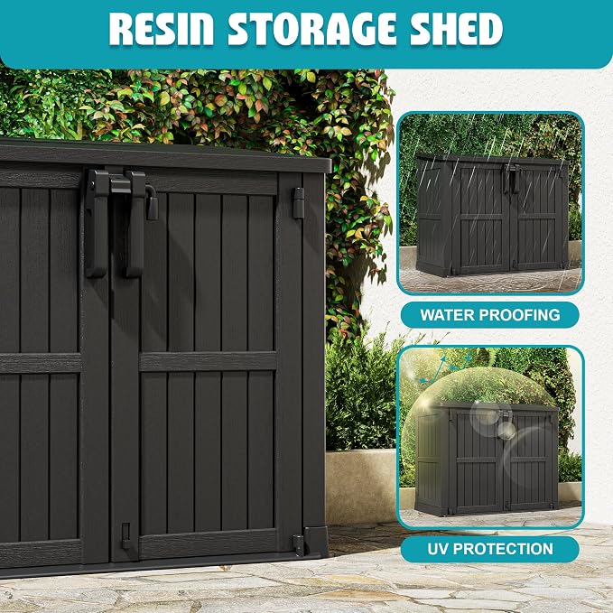 Horizontal Resin Storage Shed 36 Cu Ft with Lockable Doors, Portable Outdoor Storage Shed -Waterproof Outdoor Storage Cabinet for Garden, Easy to Assemble