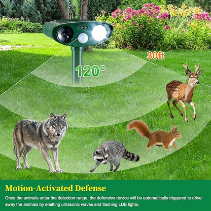 4 Pack Solar Animal Repeller for Raccoons, Deer & Squirrels - Ultrasonic & Strobe Light, Outdoor Deterrent for Cats, Dogs, Raccoons, Rabbits, Skunks, Foxes & More