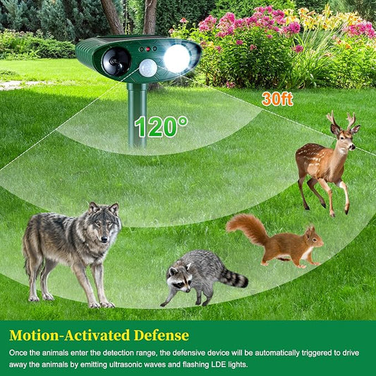 2 Pack Solar Animal Repeller for Raccoons, Deer & Squirrels - Ultrasonic & Strobe Light, Outdoor Deterrent for Cats, Dogs, Raccoons, Rabbits, Skunks, Foxes & More