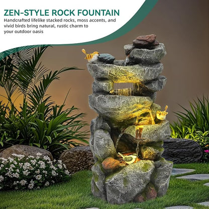 AUTODAYA 31.5" H Multi-Tier Rock Outdoor Fountain with LED Lights&Birds | Unique Water Feature with both Cascading Waterfall and Rainy Look Waterfall for Patio, Backyard, Garden or Porch
