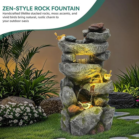 31.5" Multi-Tier Rock Outdoor Water Fountain with LED Lights, Cascading Waterfall with Birds for Garden Patio Porch, Weather-Resistant Resin Water Feature for Tranquil Oasis
