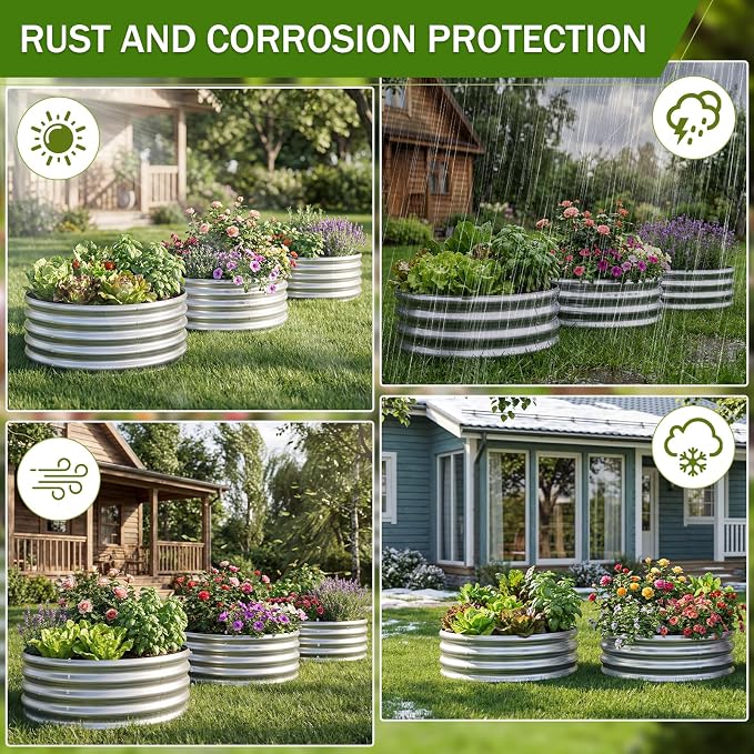 AHEONLAR 3PCS 2x2x2FT Galvanized Raised Garden Bed Kit Round Metal Flower Box Large Planter Raised Beds Outdoor Garden for Planting,Fruit,Herb Silver