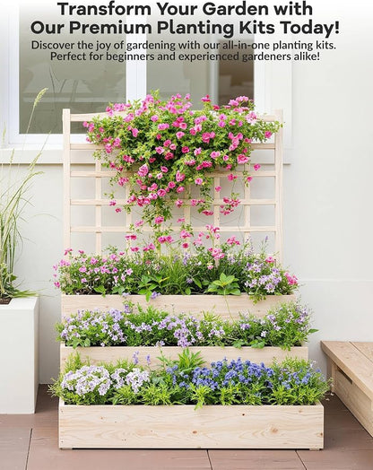 GarveeLife 3-Tier Raised Garden Bed,Wooden Vertical Planters with Trellis & Open-Ended Base for Climbing Plants Vines Flower Herb Vegetable Fruit,Outdoor Planter Boxes for Patio Yard Lawn