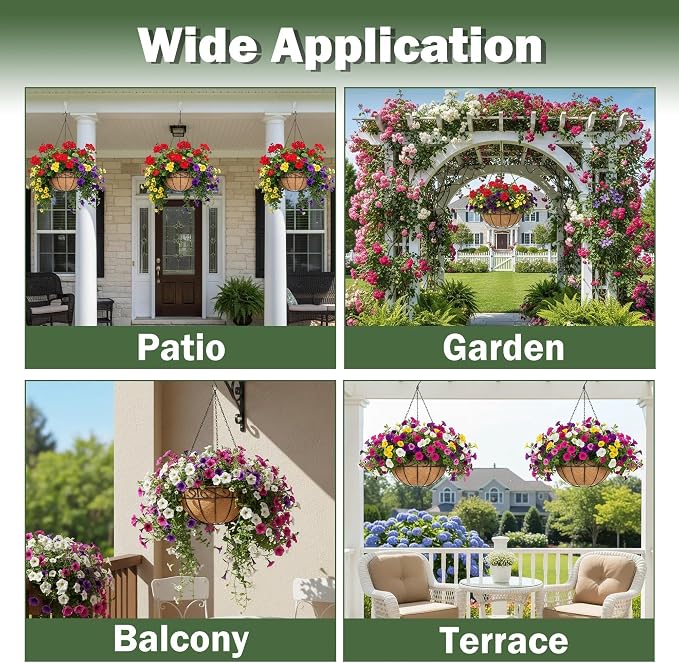 4 Pack 10 Inch Hanging Baskets for Plants Outdoor Metal Hanging Planter Basket with Coco Coir Liner Hanging Flower Baskets Hangings Flower Pots Holder for Garden, Patio(Flower)