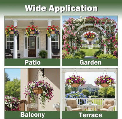 4 Pack 10 Inch Hanging Baskets for Plants Outdoor Metal Hanging Planter Basket with Coco Coir Liner Hanging Flower Baskets Hangings Flower Pots Holder for Garden, Patio(Flower)