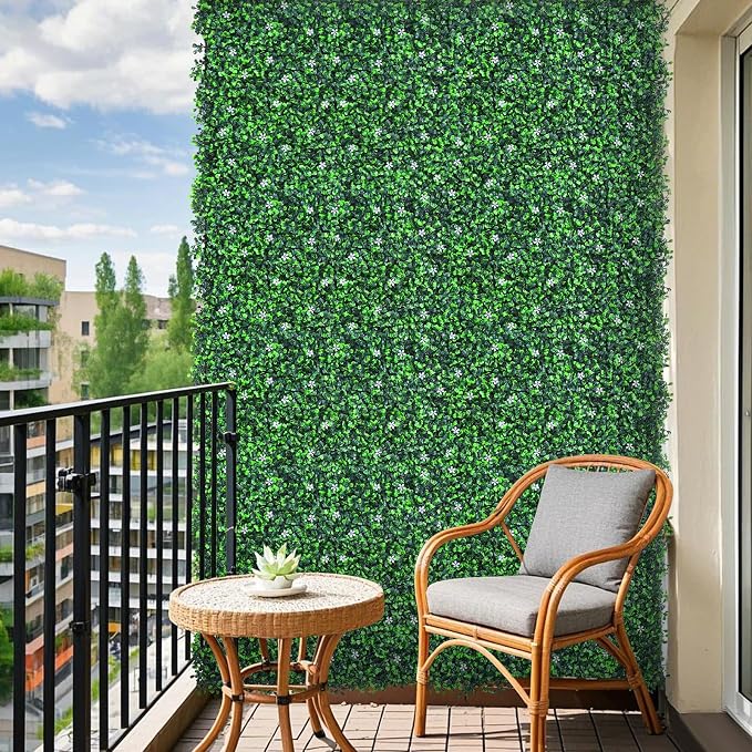Grooy 48"x 120"(40 sq.ft) Artificial Boxwood Roll Panels with Flowers, UV-Anti Faux Ivy Leaves Privacy Fence Screen, Grass Wall Roll Panels for Indoor Home Decor and Outdoor Garden Backyard