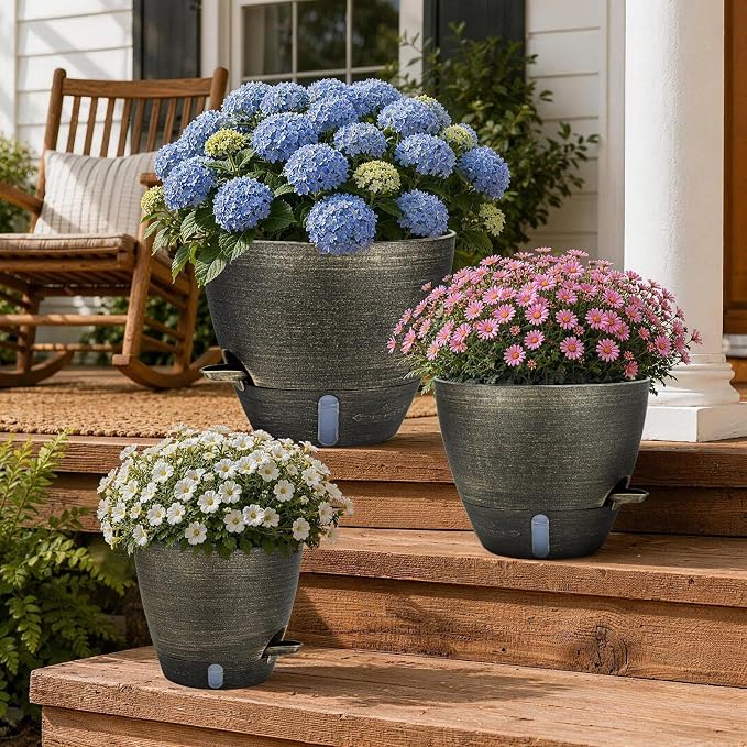 ZMTECH 12/10/8 in Self Watering Pots for Indoor/Outdoor Plants, Gold Bronze Large Plastic Planter with Water Level Indicator, Drainage Hole & Removable Saucer for Garden Flowers, Deco Plant Container