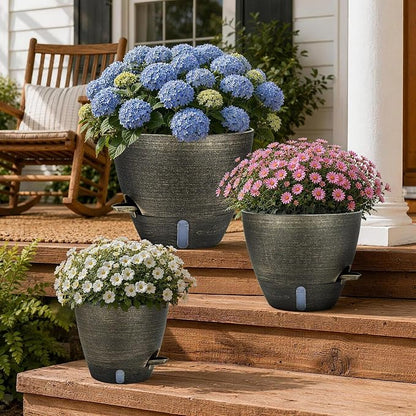 ZMTECH 12/10/8 in Self Watering Pots for Indoor/Outdoor Plants, Gold Bronze Large Plastic Planter with Water Level Indicator, Drainage Hole & Removable Saucer for Garden Flowers, Deco Plant Container