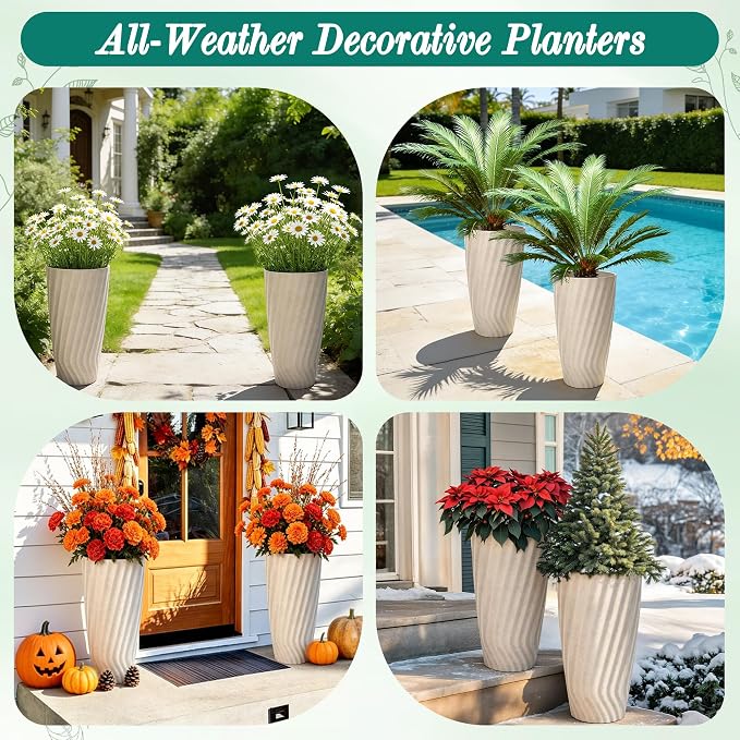 24" Vintage Ivory Marble-Textured Tall Planters Set of 2 | Handmade Marble-Textured Resin-Stone Pots with UV-Protected Weather Resistance for Front Porch, Patio, Garden, or Indoor Use