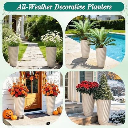 24" Vintage Ivory Marble-Textured Tall Planters Set of 2 | Handmade Marble-Textured Resin-Stone Pots with UV-Protected Weather Resistance for Front Porch, Patio, Garden, or Indoor Use