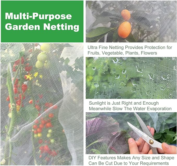 Garden Netting, 10'x20' Ultra Fine Insect Netting for Plants Trees Vegetables, Mesh Protection Netting Fruits Flowers Crops Greenhouse Row Covers Raised Beds Bug Screen Barrier Net