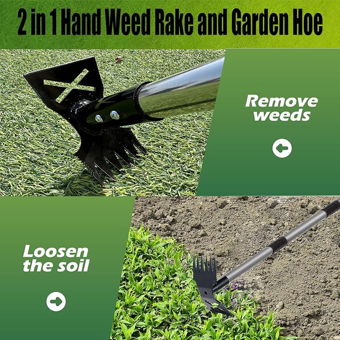Weed Puller Tool with Long Handle, 60'' Weed Remover Weeding Tool, 2 in 1 Hand Weed Rake and Garden Hoe for Gardening, Uprooting Weeding Tool for Yard, Lawn, Patio, Garden