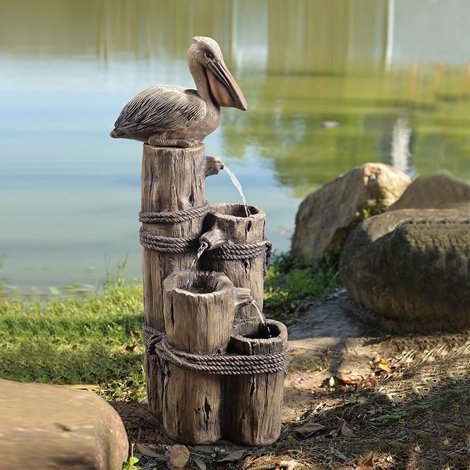 Teamson Home 35.42" 4-Tier Pelican and Driftwood Pier Post Outdoor Cascading Water Fountain, Brown | Pelican and Wooden Post, Pump for Outdoor Patio Garden Backyard Decking, 35 Inch Height, Brown