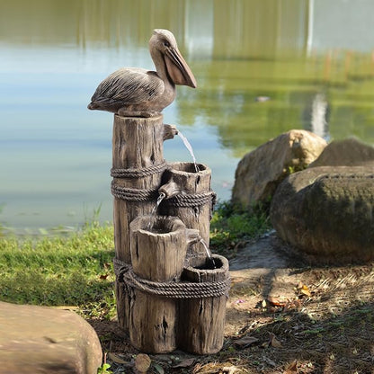 Teamson Home 35.42" 4-Tier Pelican and Driftwood Pier Post Outdoor Cascading Water Fountain, Brown | Pelican and Wooden Post, Pump for Outdoor Patio Garden Backyard Decking, 35 Inch Height, Brown