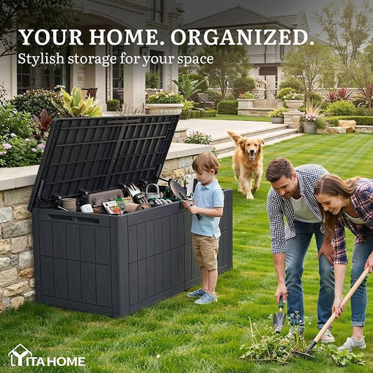 YITAHOME 134 Gallon Large Outdoor Storage Box with Lock | Waterproof Deck Box with Hydraulic Piston for Garden Tools, Pool Accessories & Cushions, Resin Deck Organizer with Bench