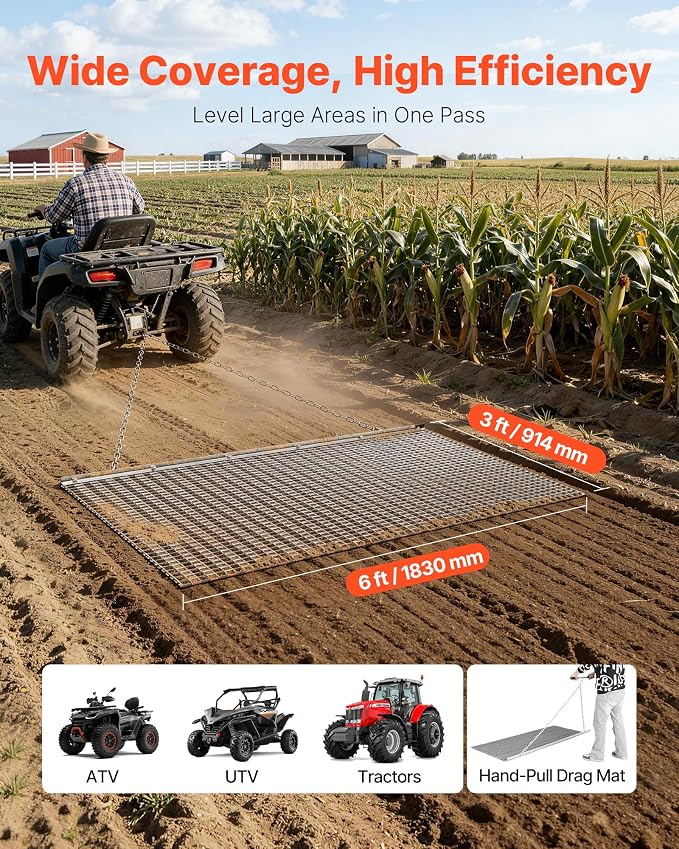 VEVOR Drag Harrow, 6 x 3 ft, High-Efficiency Chain Harrow Rake, ATVs UTVs Tractors Attachments, Durable Galvanized Steel Mesh Drag Mat with Towing Chain, for Gravel Driveway Ruts Farm Field Leveling