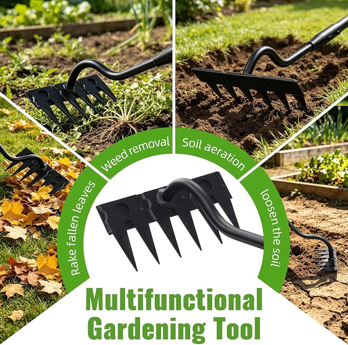 Weeding Rake Long Handle,70 Inch Heavy Duty Metal Manual Weeder Tool for Weeding Loosening Soil Cultivating Weed Puller Tool for Lawn, Garden Beds 6 Teeth Weed Removal Tool for Women and Seniors