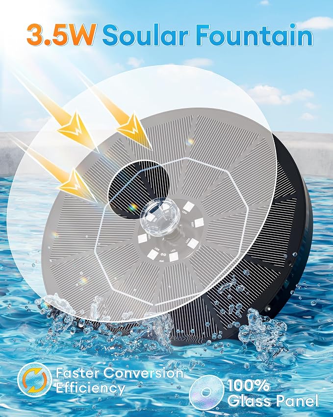 3.5W Solar Fountain,Upgraded 100% Glass Panel Solar Bird Bath Fountain with 2000mAh Battery,7 Color RGB LED Lights & 6 Nozzles,Solar Fountain for Bird Bath,Garden, Pond, Pool, Outdoor Decor(Black)