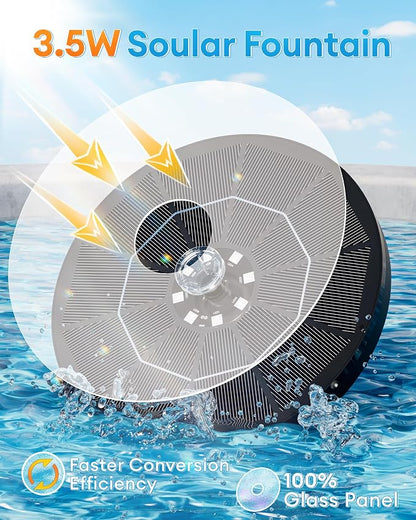 3.5W Solar Fountain,Upgraded 100% Glass Panel Solar Bird Bath Fountain with 2000mAh Battery,7 Color RGB LED Lights & 6 Nozzles,Solar Fountain for Bird Bath,Garden, Pond, Pool, Outdoor Decor(Black)