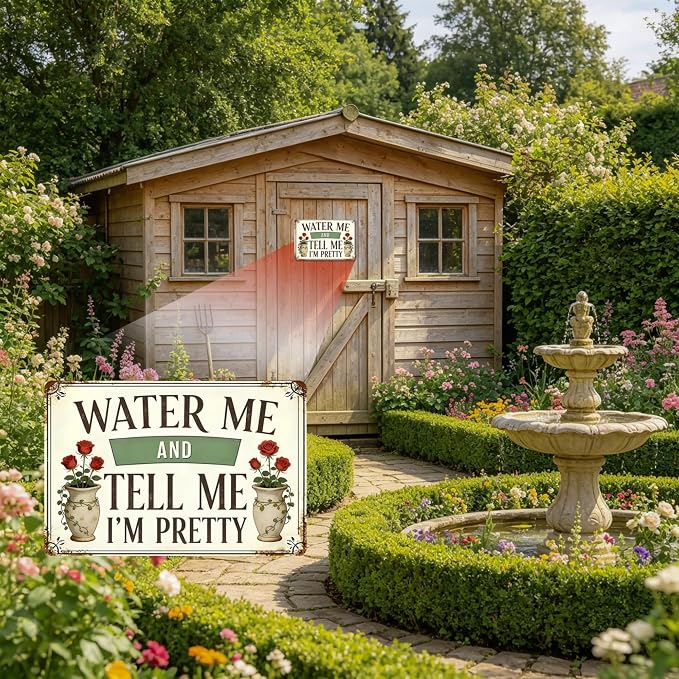Funny Garden Metal Signs, Vintage Outdoor Wall Decor 8x12 Inch | Water Me & Tell Me I'm Pretty, Weatherproof Aluminum Sign for Patio Yard Greenhouse, Gift For Gardeners